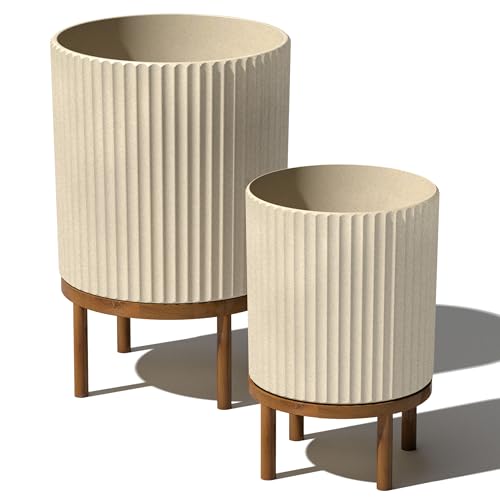 Image of Veradek Demi Series Raised Duo Planters - Set of 2 Planters with Stands | Made From a Durable Plastic-Stone Composite & Comes With Wooden Stand. Modern Porch /Patio Decor