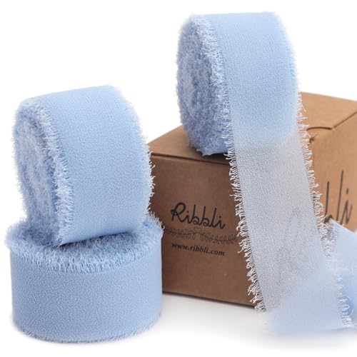 Ribbli Light Dusty Blue Ribbon 1 Inch x 3 Rolls Total 24 Yards Light Blue Handmade Fringe Chiffon Silk Ribbon for Wrapping Wedding Invitations Bridal Bouquets DIY Crafts Home Decor