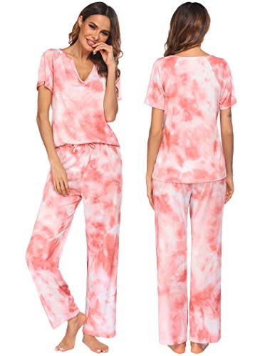 Ekouaer Pajamas Set Short Sleeve Sleepwear Women 2 Pieces Pjs V-Neck Tops and Long Pants Printed Loungewear Red Tie Dye