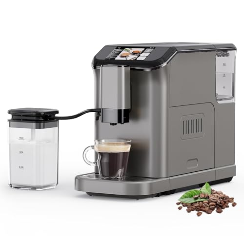 Garvee Fully Automatic Espresso Machine with Built-In Grinder and Milk Frother, 4-Beverage Cappuccino and Latte Maker with Intuitive Touch Display, Gunmetal Finish