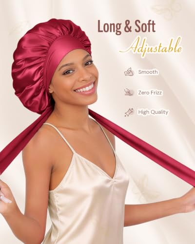 Image of BONNET QUEEN Satin Bonnet Silk Bonnet for Sleeping Women Hair Bonnet Night Sleep Cap Scarf Wrap for Curly Hair with Tie Band Red Burgundy