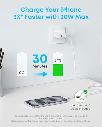 Image of Anker iPhone 17 /16 Charger, 2-Pack 20W Fast USB C Charger Block, for iPhone 17 /16 /16 Pro Max /15 Series /iPad Pro and More (2 Pack & 2 Cable) (White)