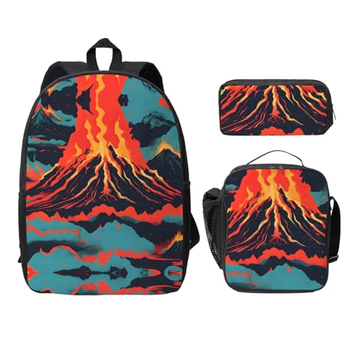 Sac à dos d'école léger noir imprimé volcano avec boîte à déjeuner