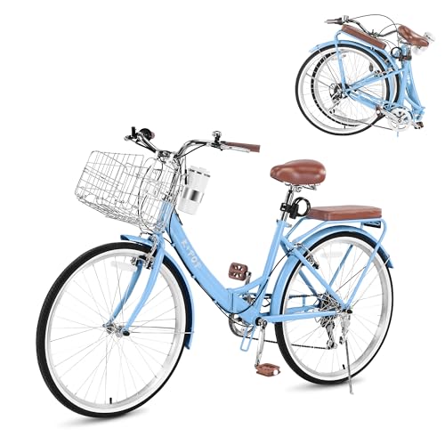 Image of 24 /26 Inch Folding Beach Cruiser Bike for Women, 7-Speed Foldable Bicycle with Basket & Cup Holder, Adult Commuter Bike with Adjustable Seat, Dual V-Brake System