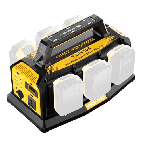 1000W Power Inverter for Dewalt 20V Battery,Compatible Battery Charger of 6 Ports Each 6A,20V to 110V Pure Sine Wave Inverter with 3 USB-A/Type-C/DC Port, Light,Cigarette Lighter Socket for Emergency