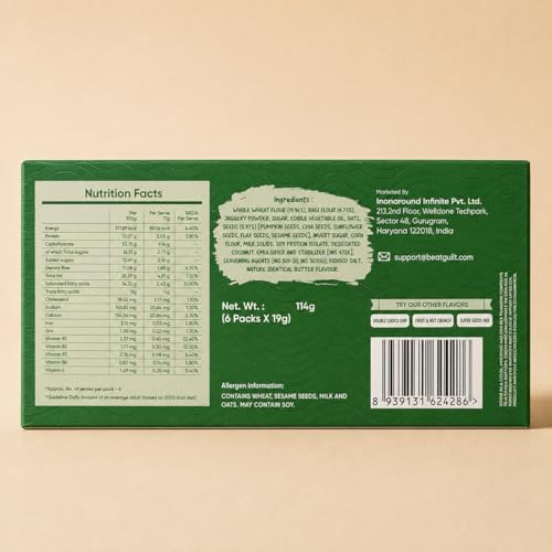 Image of BEAT GUILT Super Seeds Mix Cookies | 12g Protein, 11g Fibre per 100g | No Maida, Sweetened with Jaggery | Atta, Oats, Ragi, Sesame & Muskmelon Seeds | Under 100 Kcal Each | Pack of 3, 342g