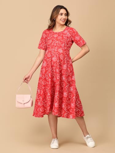 Image of The Mom Store Maternity and Nursing Dress | Pre and Post Pregnancy Dress | Zipper /Button Opening | Causal Wear | Trendy Stylish Causal Dresses for New Moms