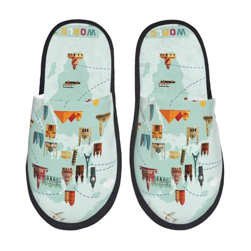 World Travel Map Print House Slippers For Women And Men,Soft Slippers With Memory Foam,Non-Slip Indoor Home Shoes