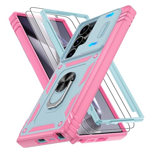 Coque Samsung S24 Ultra anti-chute protège écran complet anneau rotatif vert rose