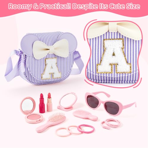 Personalized Initial Girls Crossbody Bag, Minnie Mouse Ears Kids Purse with Glitter Letter, Adjustable Waist Fanny Pack for 3-13 Years Old (Purple Stripe, S) — view 5