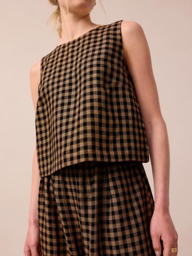 Image of Womens 2 Piece Lounge Sets Cotton Plaid Crop Top High Waisted Baggy Ankle Barrel Pants Gingham Matching Set