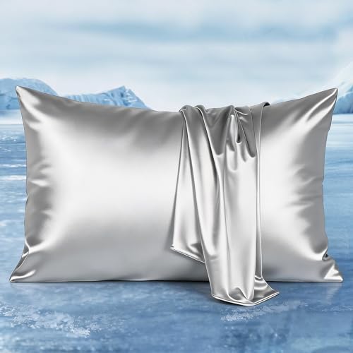 LUXEAR Cooling Pillow Cases for Hot Sleepers Double-Sided Upgraded Arc-Chill Q-Max > 0.5 Cooling Satin Pillowcase Silky Soft Hair & Skin Friendly Hidden Zipper - Standard Silver Gray 1 Pack