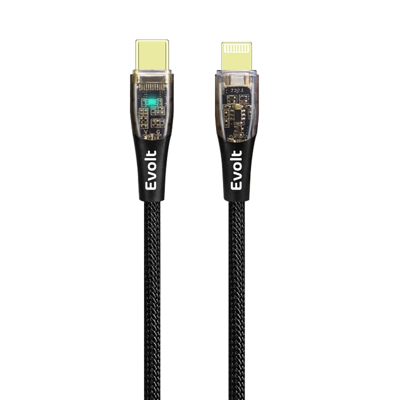 Evolt CLB-600 TYPE-C Compatible with IPhone PD27W Transparent Fast Charge and SYNC Tangle-free Nylon braided cable with triple protection, Supports quick charging 1.2M BLACK