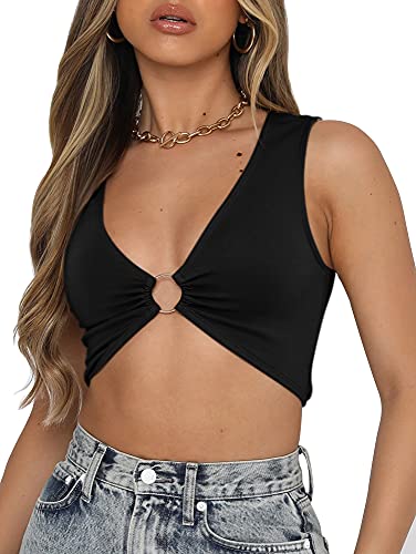 Sexy Crop Tops for Women Sleeveless Deep V Neck Workout Tops Plunge Ring Cleavage Cropped Tank Top2