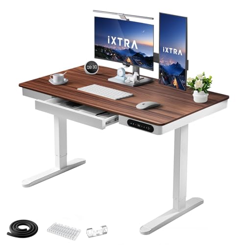 IXTRA Standing Desk with Drawer 120x60cm Whole Piece Tabletop Electric Standing Desk, Height Adjustable Desk with USB Charging Ports, Sit Stand Desk with Storage for Home & Office Walnut