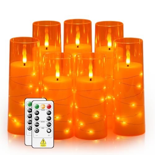 Image of Sasigeiaa Flameless Candles with Embedded Star String - Battery Operated LED Candles, with Remote,7 Orange Flickering Candles for Christmas, Weddings, Home Decor & Party,(D 2.3 inchxH 5 inch 6 inch 7 inch)