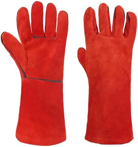 AUAUY Feuerfeste Kaminhandschuhe & Grillhandschuhe, Hitzeschutz, Rot | Handschuh, Schweißerhandschuhe, Unisex Ofenhandschuhe Backhandschuhe, für Grillen, Kochen, Backen, Draussen