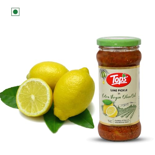 Image of TOPS Olive Oil Lime Pickle - 370 gm Glass Jar | Perfect blend of select seasonal vegetables in extra virgin olive oil and aromatic spices
