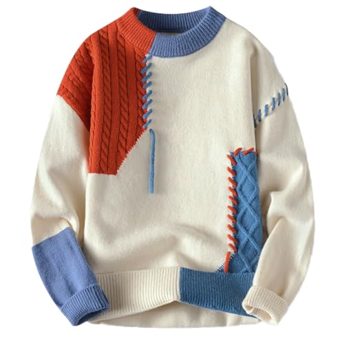 Men's Patchwork Sweater Colorblock Knit Jumper Vintage Cable Knitted Pullover Thick Warm Pullovers