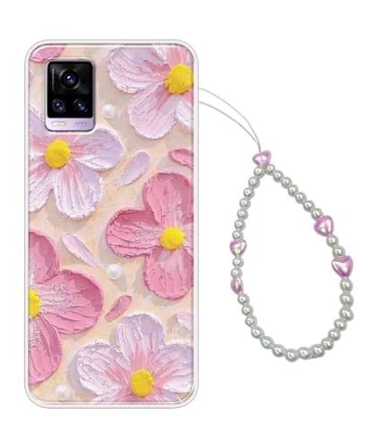 Image of COBERTA Printed Back Cover for Vivo V20 Back Cover Case with Phone Charm Chain Strap Beads & Pearls for Girls Stylish - Beach Pink Floral Charms - D16689