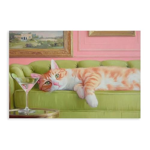 Toile chat roux martini decoration murale chaleureuse pour chambre et salon