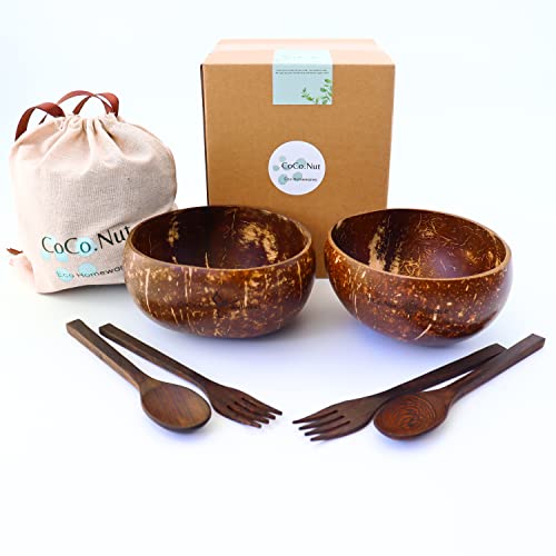 CoCo.Nut Pack of 2 Jumbo Natural Polished Organic Coconut Bowls + Wooden cutleries Gift Set, Artisan Handcrafted, Eco Friendly, Best for Salad, Smoothie, Cereal, Buddha Bowl, Dessert, Home Decoration