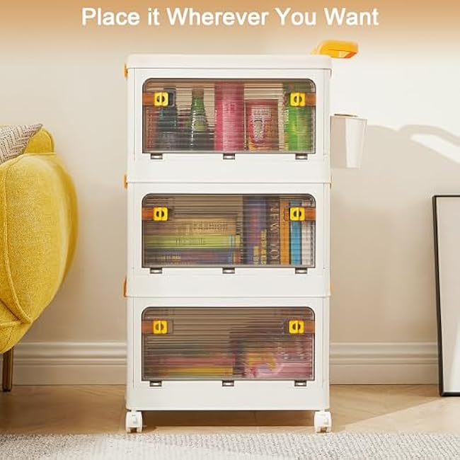 44 Qt Foldable Stackable Heavy Duty Storage Bins with Lids & Doors, 3 Tier Storage Organizer Bins, Storage Box, Storage Containers for Bedroom, Living Room, Study Office Organization and Storage