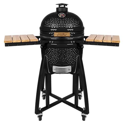 Image of London Sunshine 15-inch Ceramic Kamado Charcoal BBQ Grill & Smoker with Locking Casters, Foldable Side Shelves, Stainless Steel Grates, and Tall Stand (Black)