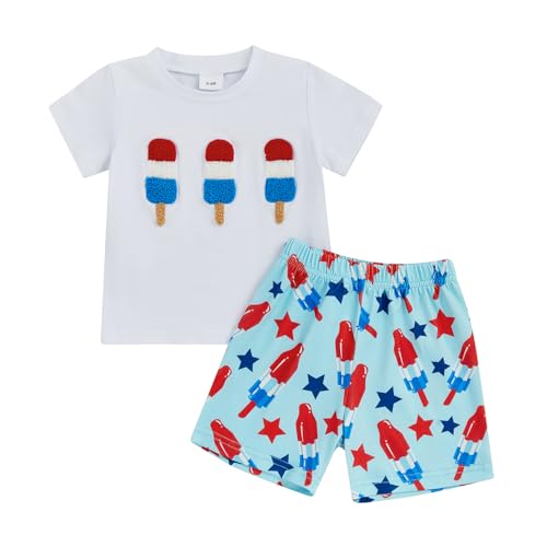 Rtnnsbbfcm Toddler Baby Boy 4th Of July Outfit Short Sleeve Ice Cream American Flag Embroidery T-shirt Top Shorts 2Pcs Set (White, 0-6 Months)