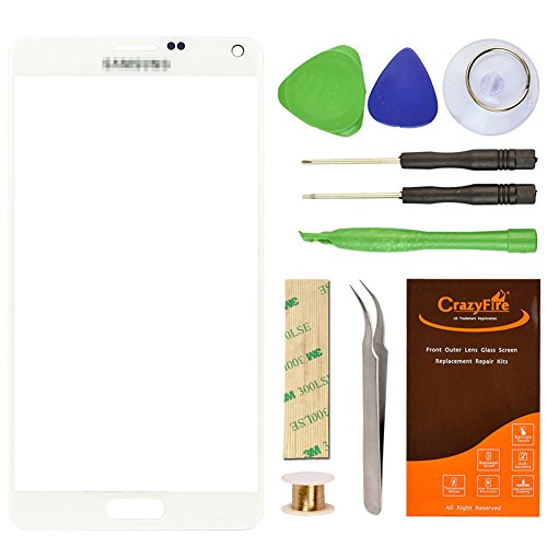 CrazyFire Compatible Front Outer Glass Lens Screen Replacement for Samsung Galaxy Note IV Note 4 N9100 Repair Kit with Adhesive Tape(White)