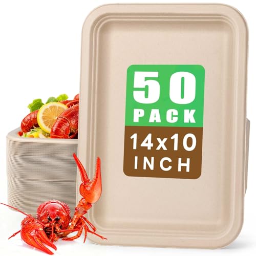 Gezond 50 Pack 14 Inch Disposable Food Trays Eco-friendly Heavy-Duty Large Paper Plates Compostable Sugarcane Platters for Crawfish Lobster Seafood Party Natural