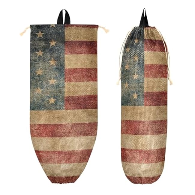 Vintage American Flag Plastic Bag Holder, Reusable Grocery Bag Holder Wall Mount Plastic Bag Organizer Washable Shopping Bags Carrier ?for Home Kitchen,1 Pack