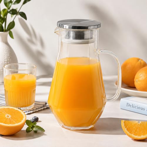 Image of Wringo Premium Glass Water Jug - 1.8 LTR, Transparent, Hot Cold Water Glass Pitcher with Steel Lid Water Jug, Iced Tea, Milk and Juice Beverage Carafe, Golden Lemon Jug 1800ML (WQ-20)