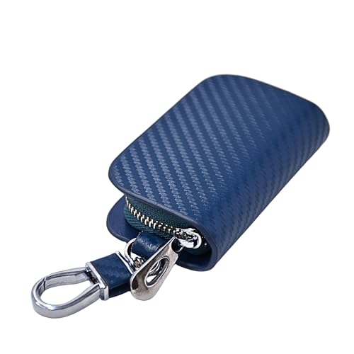 Image of KMH Premium Carbon Fiber Blue Car Key Wallet Bag | Smart Keychain Holder with Metal Hook Keyring Zipper Bag | Wallet for Key Cover Shell Case Pouch Holder, Key Zipper Fob Protector - Pack of 1