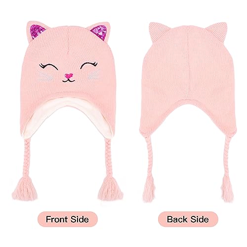 Luckybunny Toddler Girls Cat Ear Winter Hat Warm Knit Beanie Kids Earflap Cap For Cold Weather thumb #4