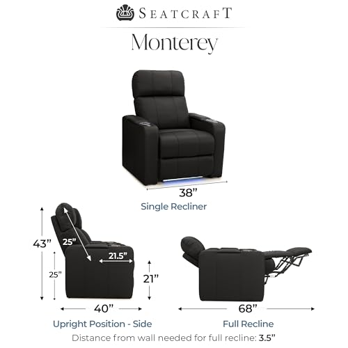Image of Seatcraft Monterey Black Italian Leather Home Theater Seating, Zero Gravity Power Recliner, Gaming and Home Office Chair, Powered Headrest Furniture for Family Cinema Room, Single Recliner