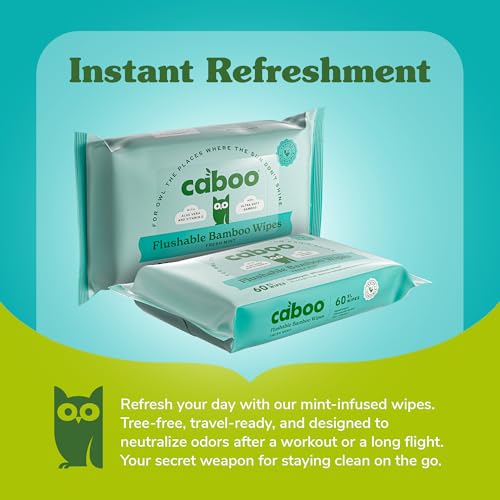 Image of Caboo Mint Flushable Wipes, Certified Flushable, Septic Safe, Chemical Free, Biodegradable Wipes for Adults made with Renewable Bamboo Based Viscose (Pack of 3, Total of 180)