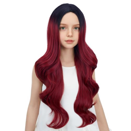 Image of Black Ombre Red Wig for Kids Long Black Mixed Wine Red Middle Part Wig for Child Long Wavy Curly Wigs for Girls Heat Resistant Synthetic Wigs with Cap