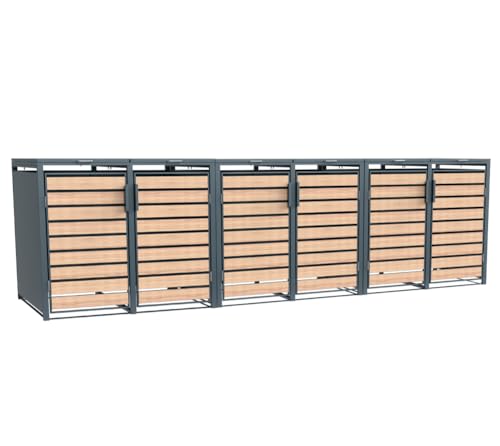 Westmann Metall Mülltonnenbox Lacina 6x240 L Anthrazit Holzoptik Mülltonnen Verkleidung mit Gasdruckfedern Pulverbeschichteter Stahl Wetterfest & stabil Klappdeckel & Fronttüren