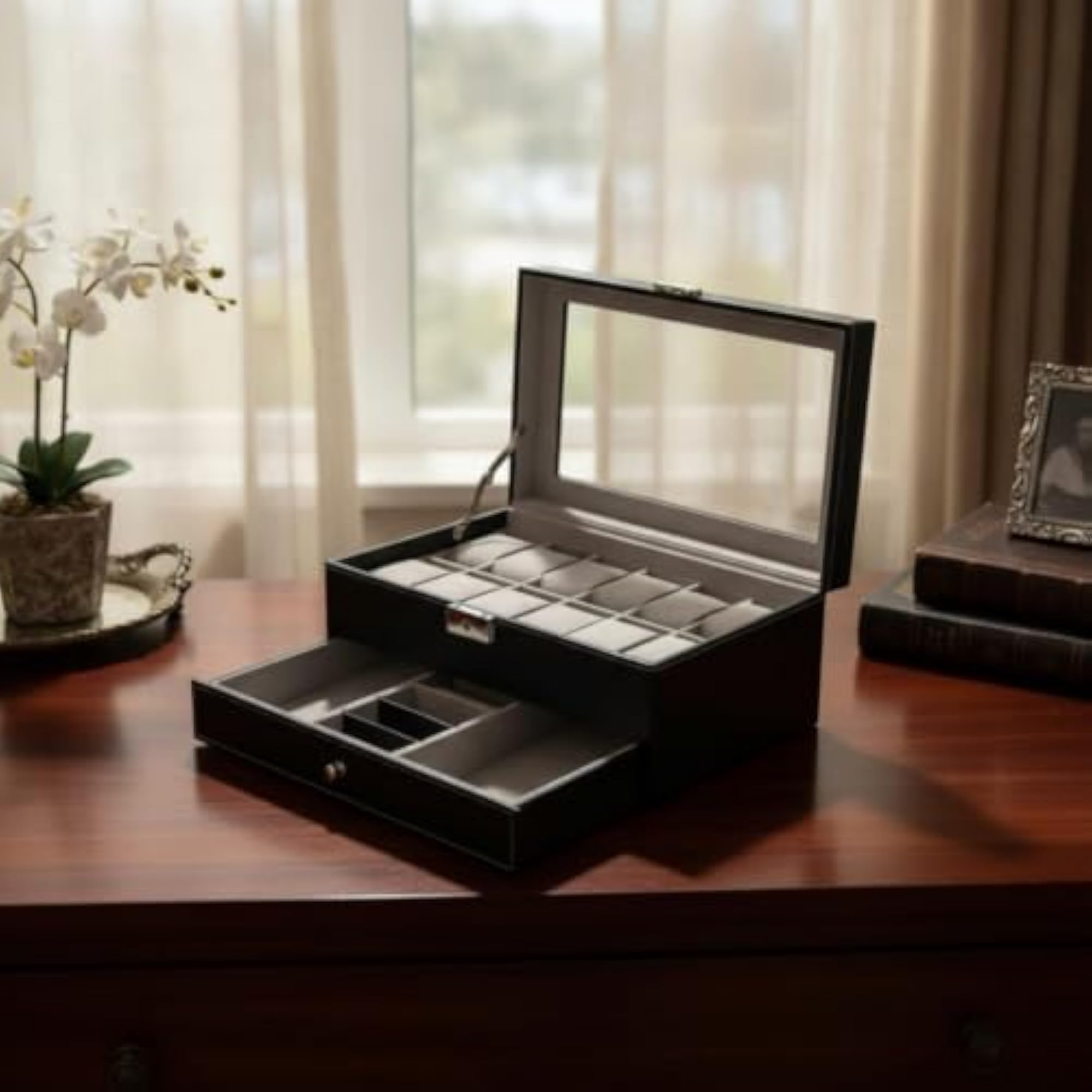 Dustproof Watch Box with Window Compartmented Jewelry Box