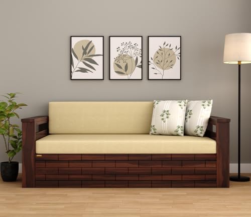 Image of Sheesham Wooden Sofa Cum Bed for Living Room with Side Pocket Storage - 3 Seater Sofa Cum Bed with Storage - 3 Person Sofa Cuma Bed Wooden with Premium Cushion Seating (Walnut)
