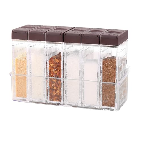 Set di 6 spargere spezie da campeggio, in plastica, con vassoio, barattoli per spezie, rettangolari, trasparenti, contenitori per sale e pepe, per conservare spezie da cucina