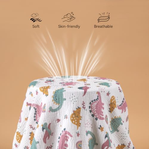 Image of TILLYOU 2 Pack Muslin Crib Sheets for Boys and Girls, 100% Cotton Fitted Crib Sheet for Toddler 52x28 Standard Crib Mattress, Dinosaur Rainbow