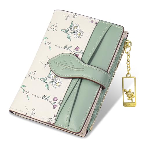 Wallets for Women- RFID Blocking- Soft PU Leather Bifold Coin Zipper Pocket Purse-Small flower wallet Credit Card Holder with ID Window (Green)