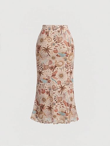 Floerns Women's Plant Print High Waist Skirt Summer Fishtail Hem Midi Skirt2