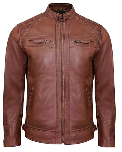 Image of Leather Jacket Men - Real Lambskin Motorcycle Jacket with Snap Tab Collar, Adjustable Waist & Zippered Pockets