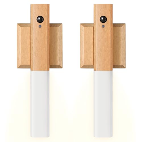 Image of Rechargeable Wall Sconce Magnetic, Torch Night Light Portable Wall Light Wireless Wall Sconces LED Wood Magnetic Wall Lamp Motion Sensor, Rechargeable Wall Sconces Set of 2 (Light-Colored)