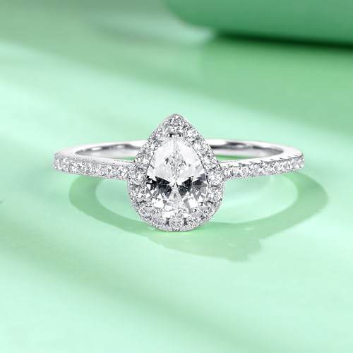TIKJE Pear-Cut Cubic Zirconia Engagement Ring, Waterdrop Halo Design with Accent Fake Diamonds, 18K White Gold Plated, Promise Engagement Wedding Band Gift For Her Size 6-93