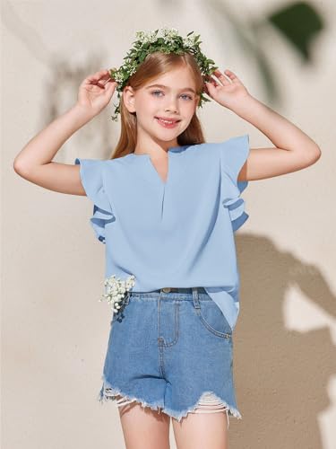 Haloumoning Girls Summer T Shirts Kids Fashion V Neck Ruffle Short Sleeve Tops Blouse 5-14 Years2