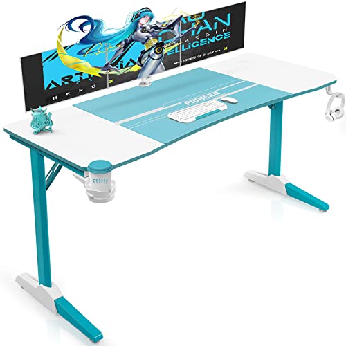 JUMMICO Gamingtafel, 160 cm, groot gamingbureau, wit, pc, computertafel, ergonomische gamer tafel, gamingtafel met kabelgeleidingsvak, koptelefoonhaak en bekerhouder, wit